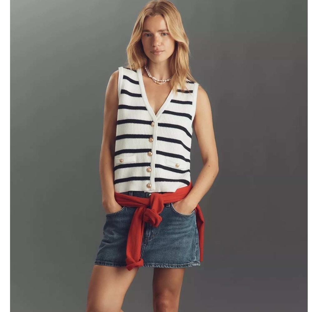 Sam Edelman Winnie Anthro Sweater Vest $89 XL Navy White Stripe Summer Parisian - Picture 2 of 11